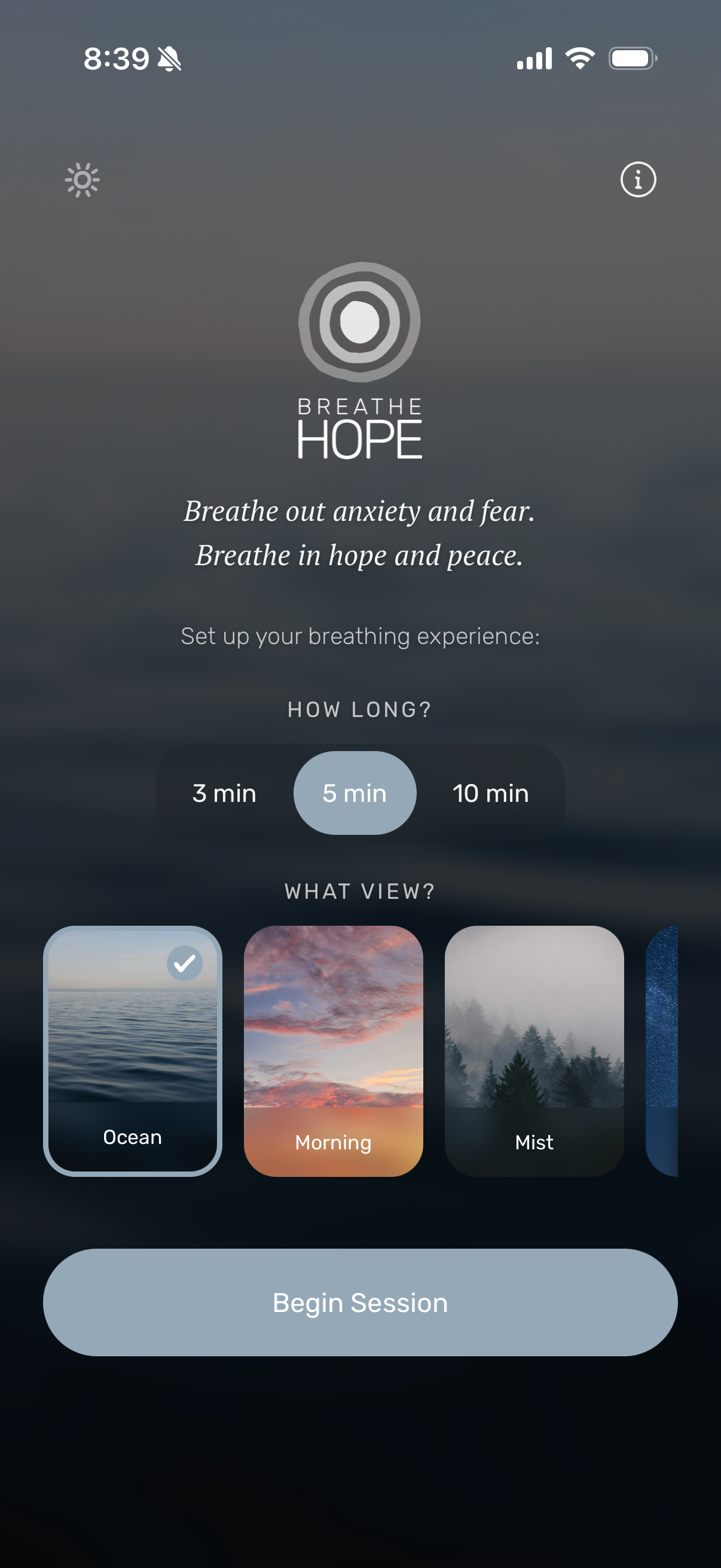 Breathe Hope session setup screen